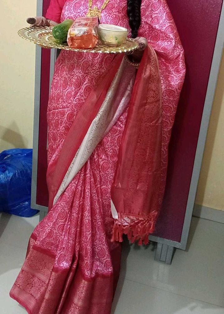 Elegant Pink Silk Saree With Stitched Blouse