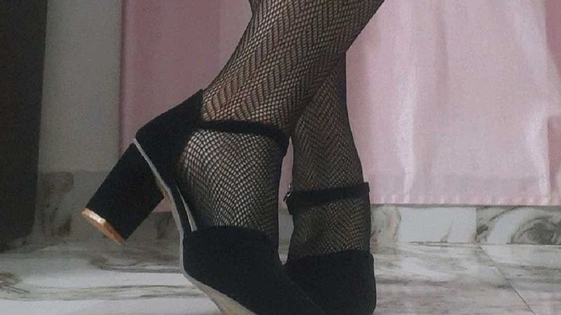 Black Block Heel Sandals with Fishnet Stockings
