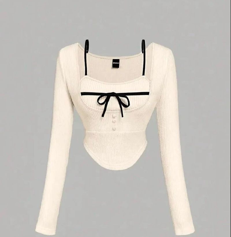 Ribbed Long Sleeve Bow Top