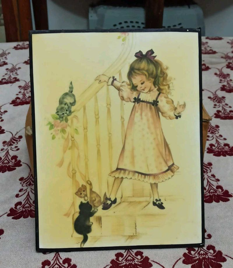 Retro Wood Wall Plaque - Little Girl with Kittens