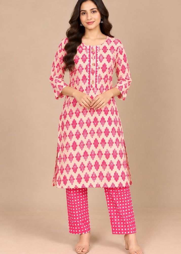 Pink and Cream Printed Kurta Set
