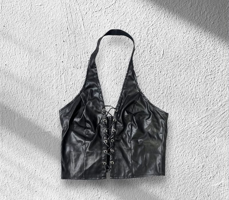 Black Faux Leather Lace-Up Halter Top
