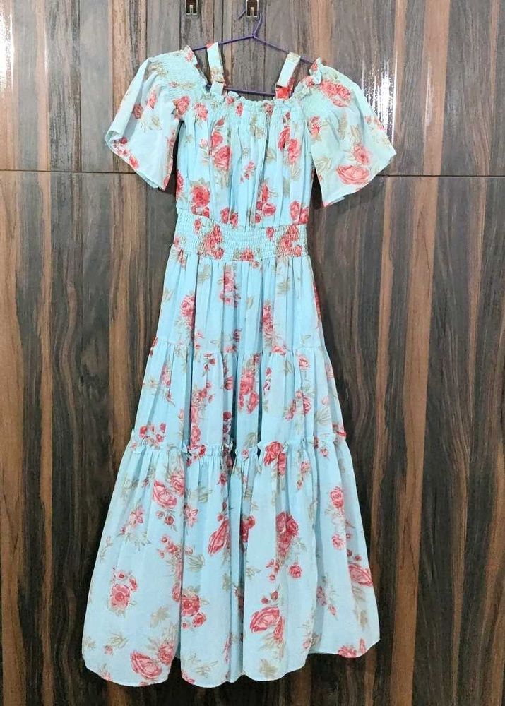 Light Blue Floral Tiered Midi Dress