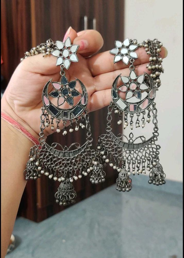 Oxidised Mirror &amp; Pearl Jhumka Earrings
