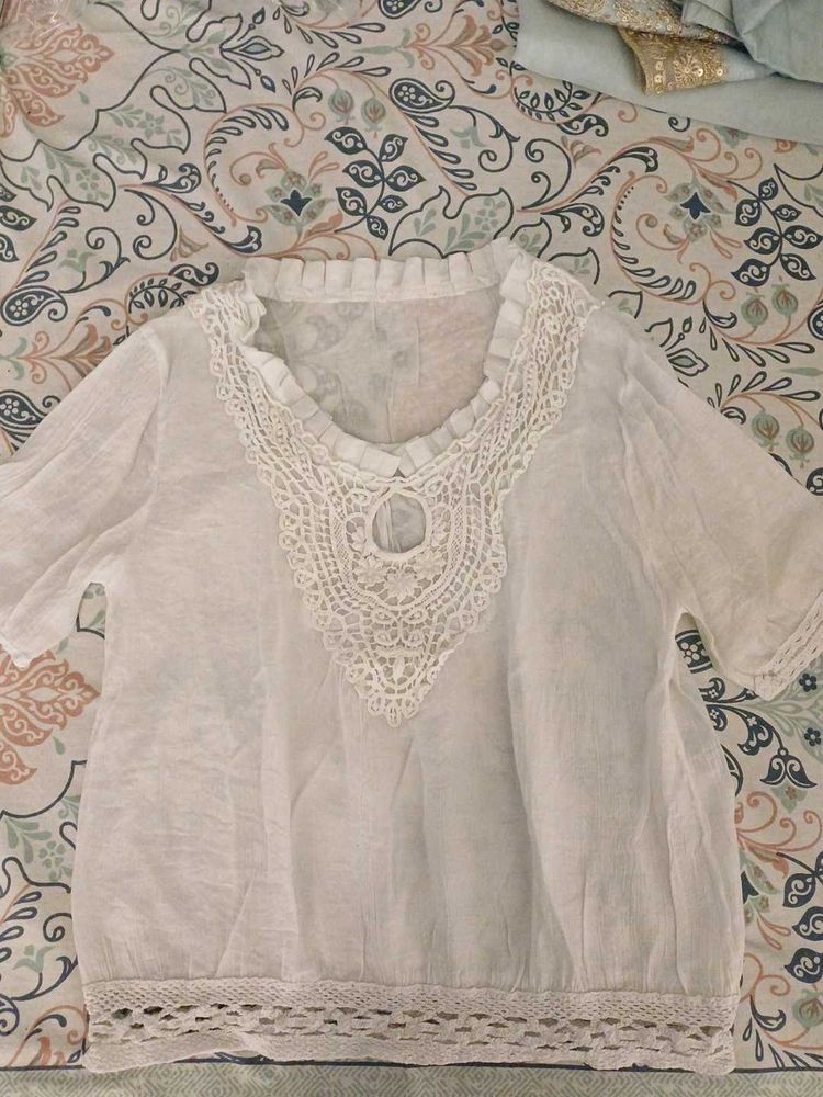 Boho White Lace Trim Tunic Top