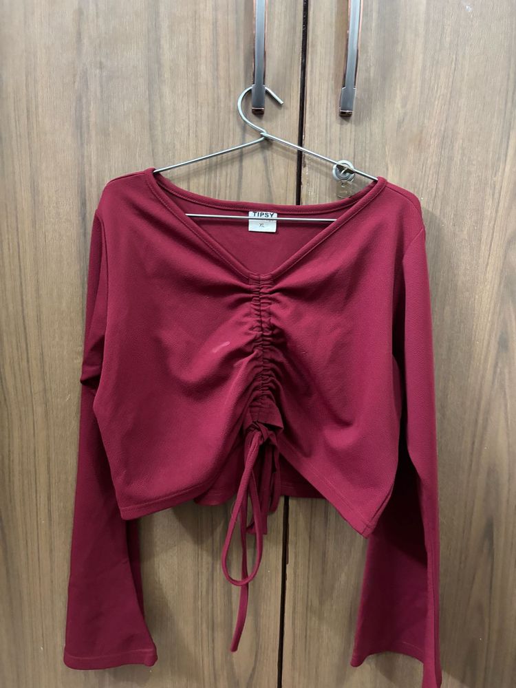Chic Burgundy Ruched Crop Top