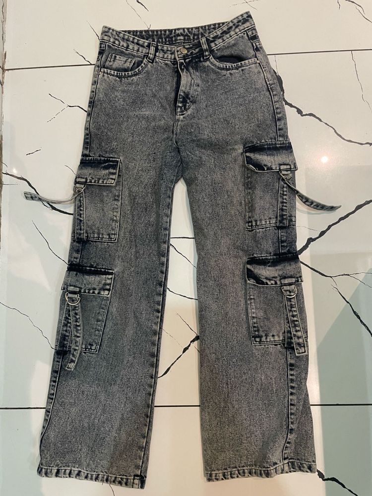 Women's Grey Acid Wash Cargo Jeans