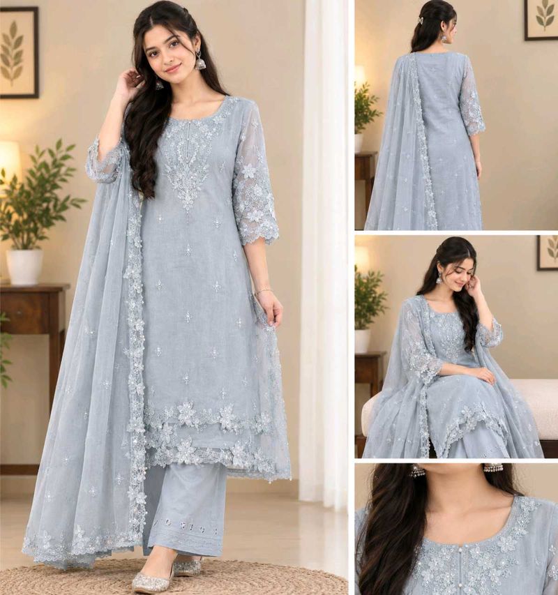 Elegant Grey Embroidered Kurta Set