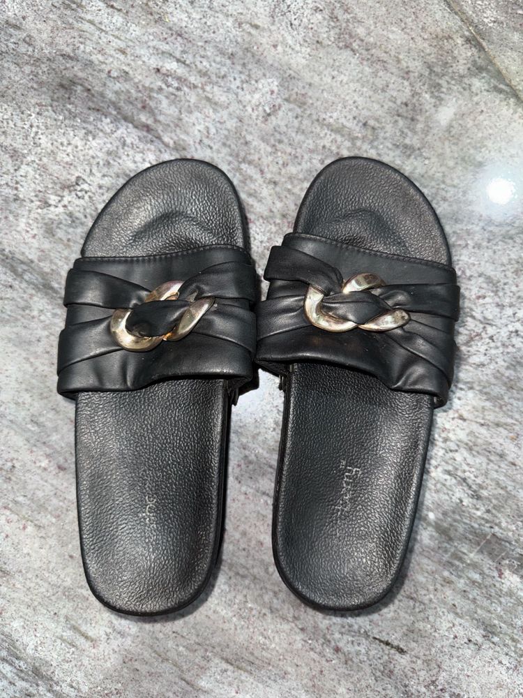 Black Slide Sandals with Gold Buckle