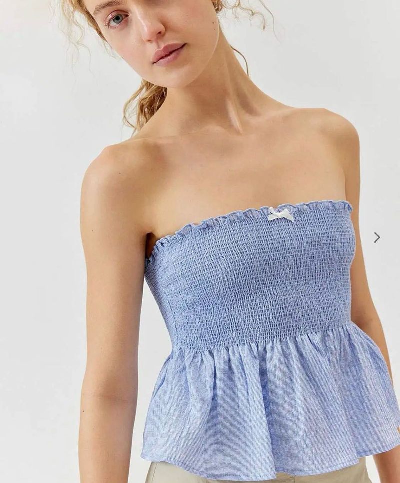 Blue Smocked Peplum Tube Top