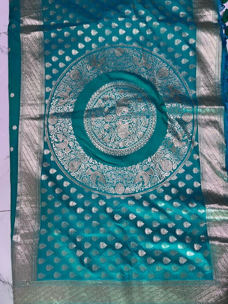 Teal Silk Saree with Silver Border