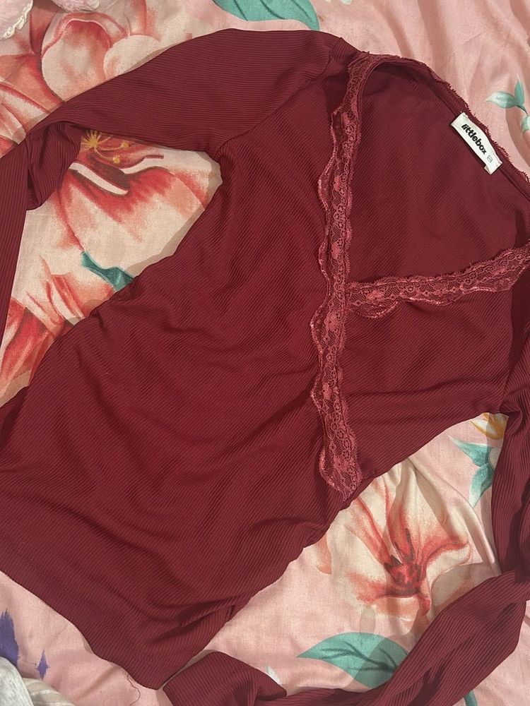 Burgundy Lace Trim Long Sleeve Top