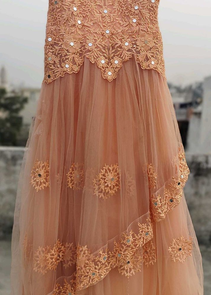 Peach Embroidered Net Lehenga Choli