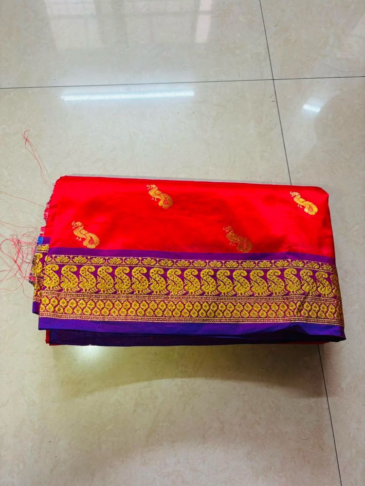 Red Silk Saree with Golden Border
