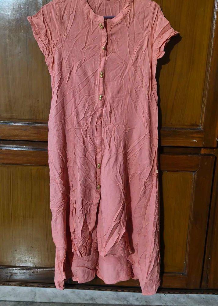 Avaasa Coral Pink Solid Button-Down A-Line Kurti💫