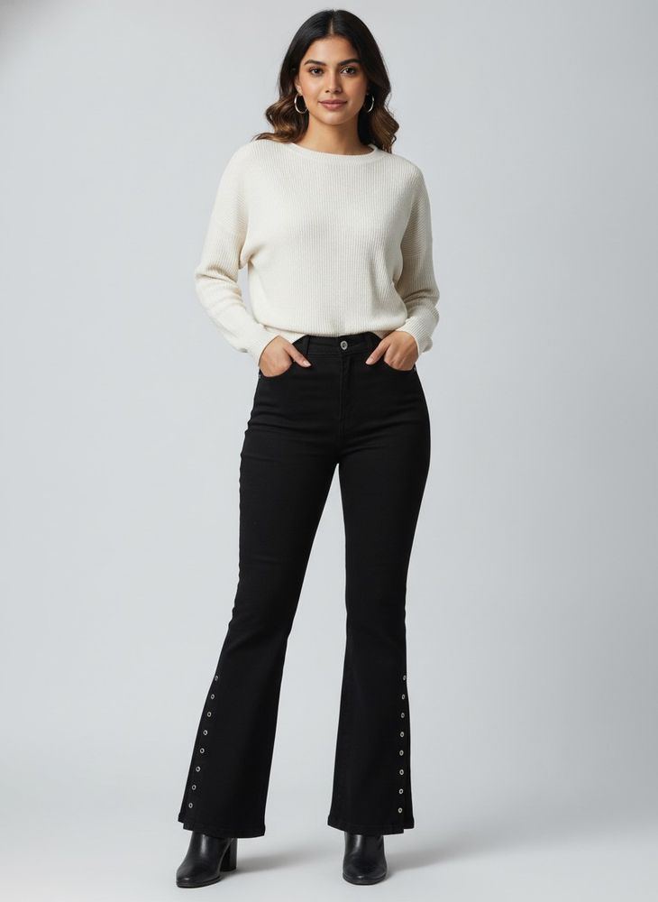 Korean Style Bottom Button Up Black Jeans.