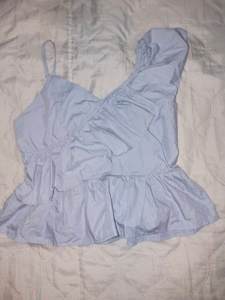 Light Blue Ruffle One-Shoulder Top