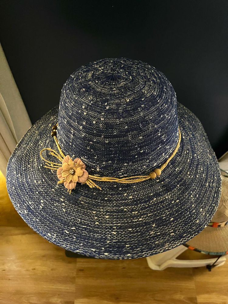 Chic Blue Wide Brim Hat with Flower Accent