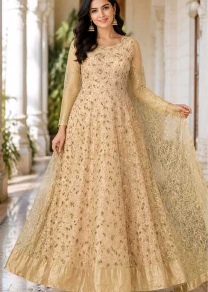 Elegant Beige &amp; Gold Anarkali Gown