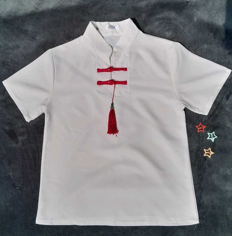 Elegant Cream Chinese-Style Top with Red Tassel ❤️