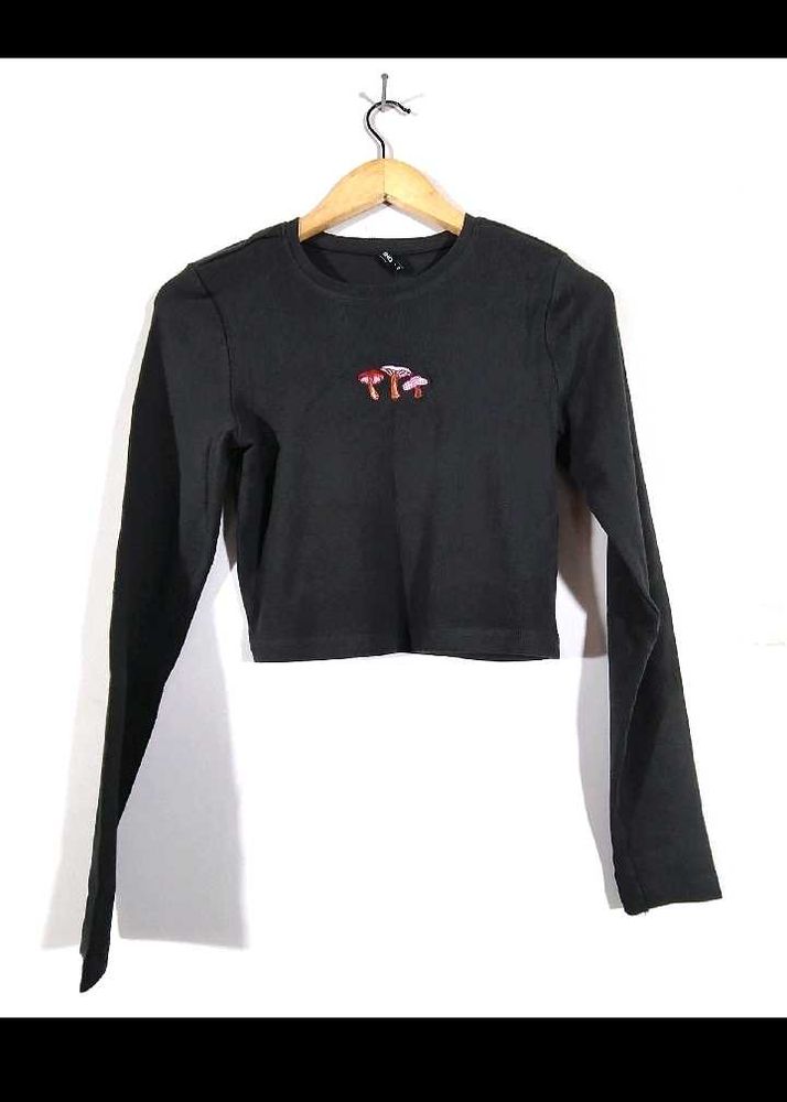 Black Long Sleeve Cropped Top with Mushroom Embroi