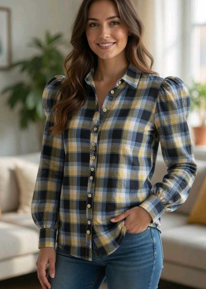 Checkered Long Sleeve Yellow Blue Women's Shirt