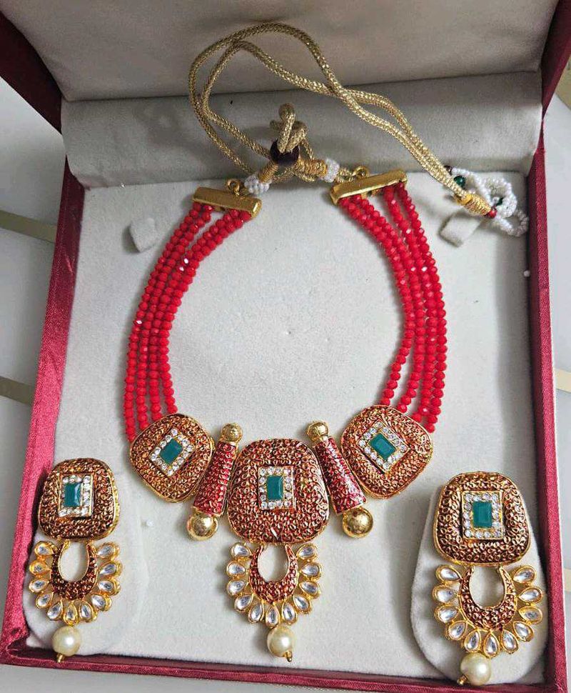 Red Beaded Necklace and Earring Set