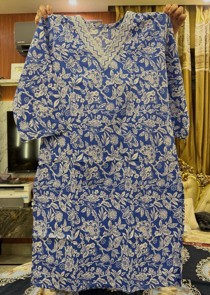 Blue Floral Print Kurta Set with Dupatta