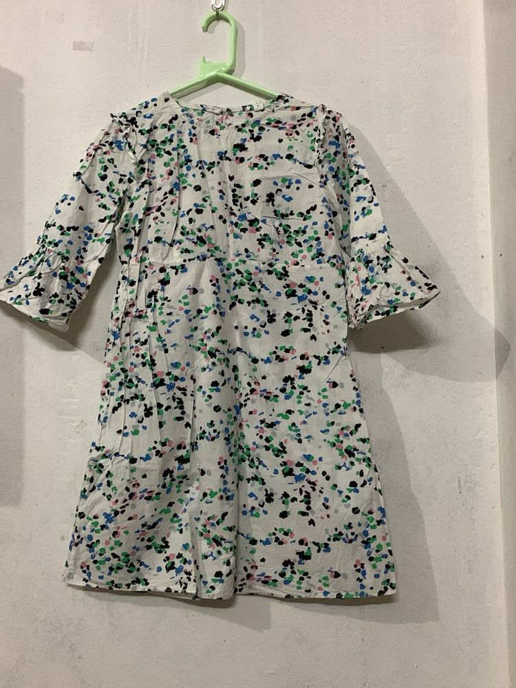 White Floral Print A-Line Dress