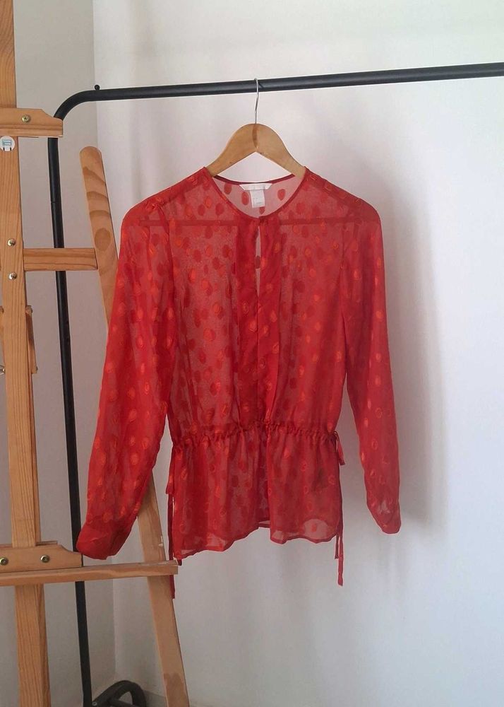 H&amp;M Sheer Red Polka Dot Blouse