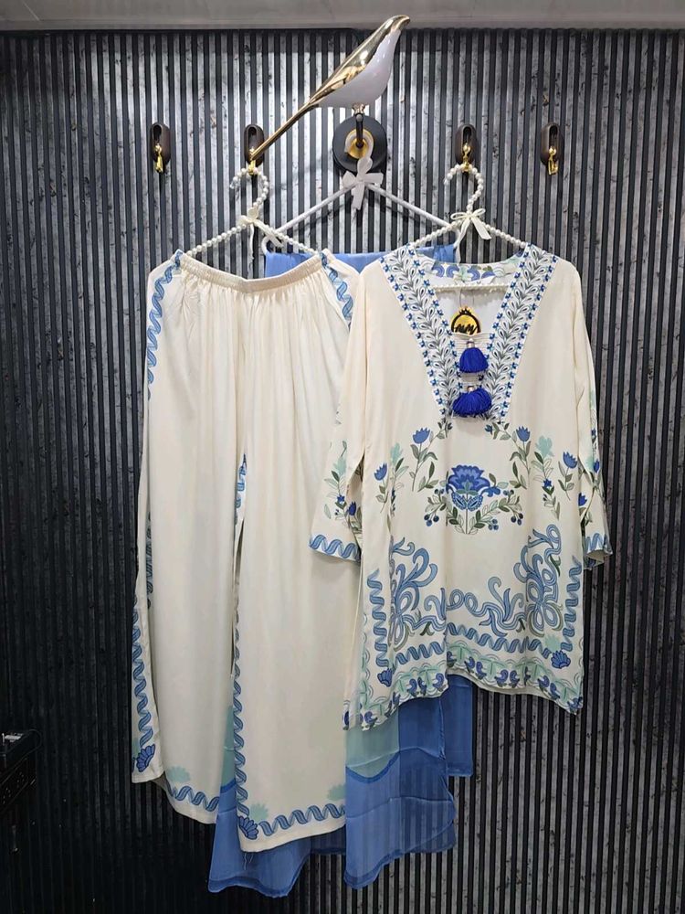 Elegant Cream &amp; Blue printed cord Set