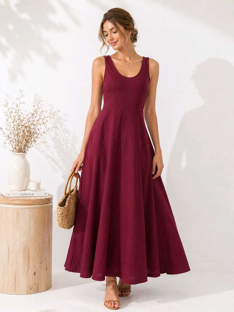🍷 Elegant Wine-Tone Handcrafted Rare Dress Women