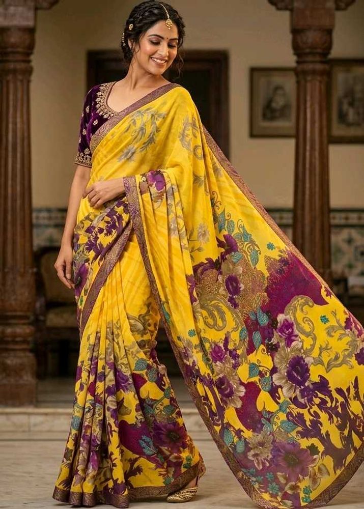 Vibrant Yellow Floral Saree