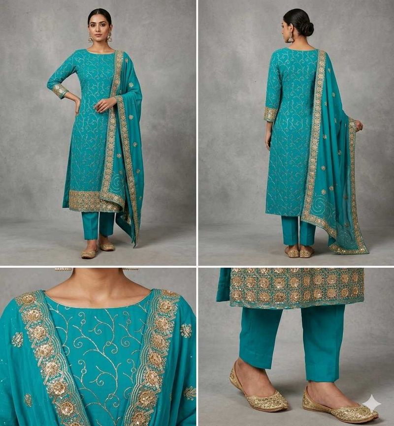 Beautiful Teal Kurta Set with Silver Embroidery