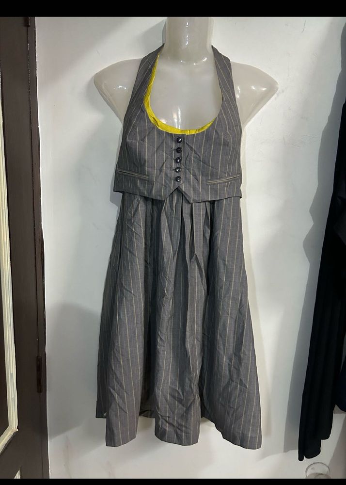Pinstripe Halter Neck Dress with Vest Detail