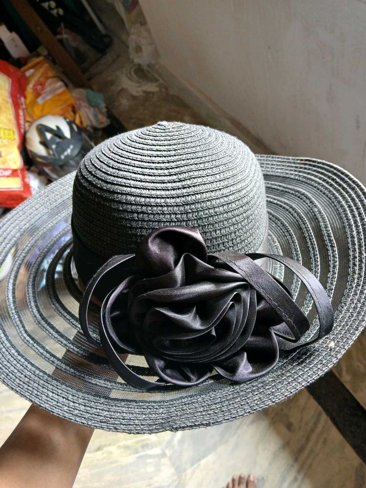 Vintage-Style Black Woven Beach &amp; Party Hat with S