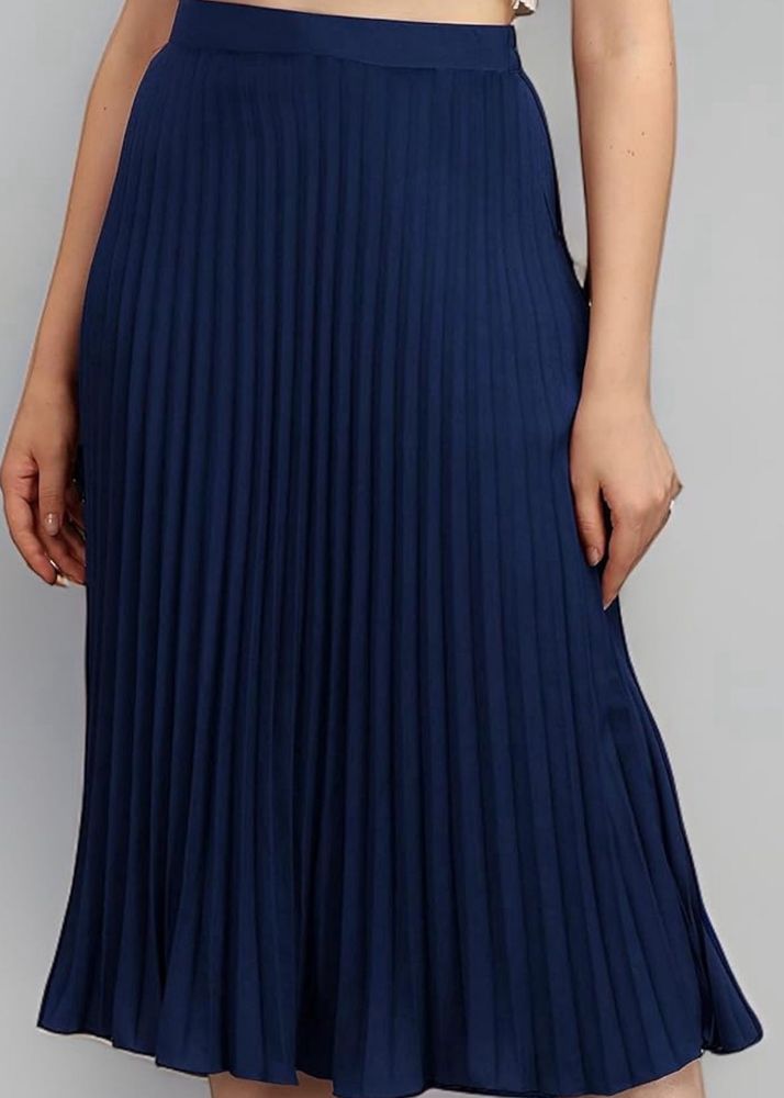 Navy Pleated Midi Skirt