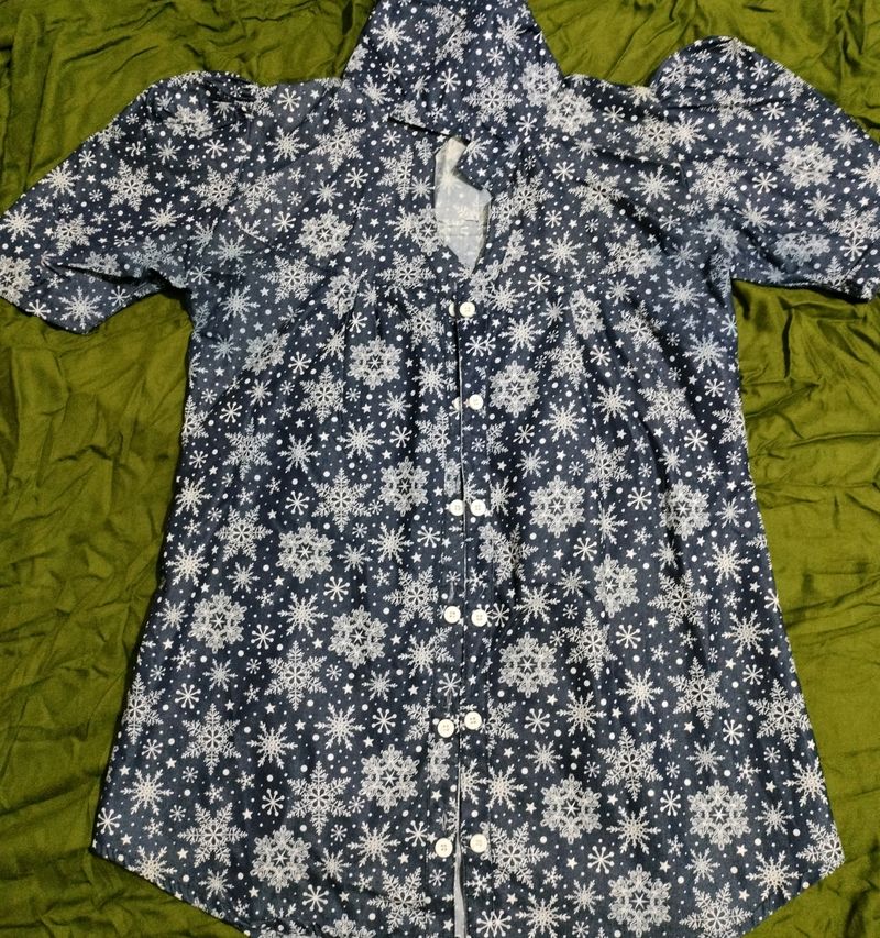 Puff Sleeves Navy Blue Shirt, Size M, Cotton Blend