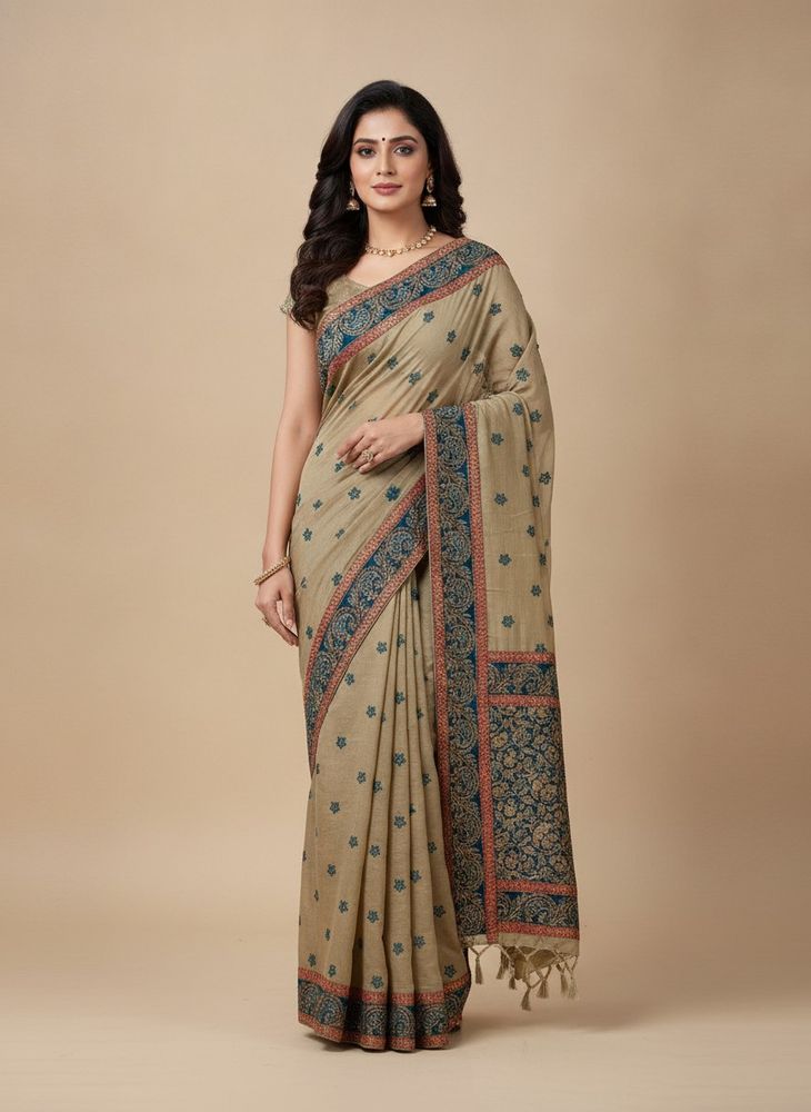Beautiful Beige Embroidered Saree with blouse