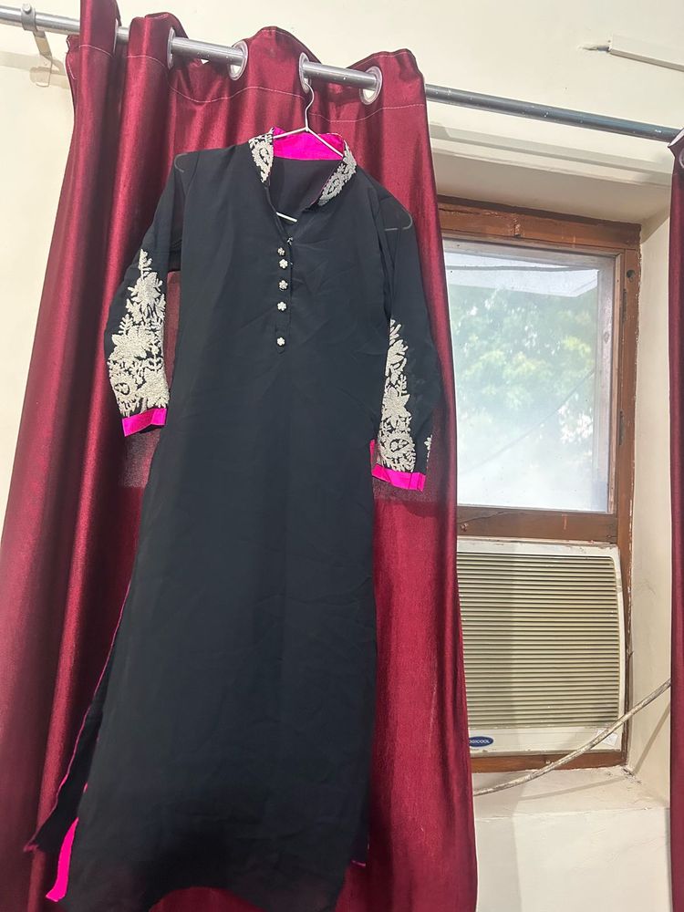 Elegant Black Kurta with Pink &amp; White Embroidery