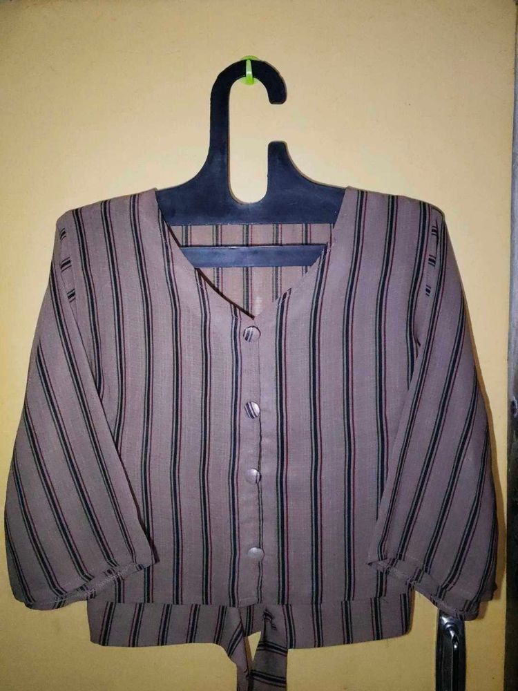 Striped Button-Down Top with Tie Waist