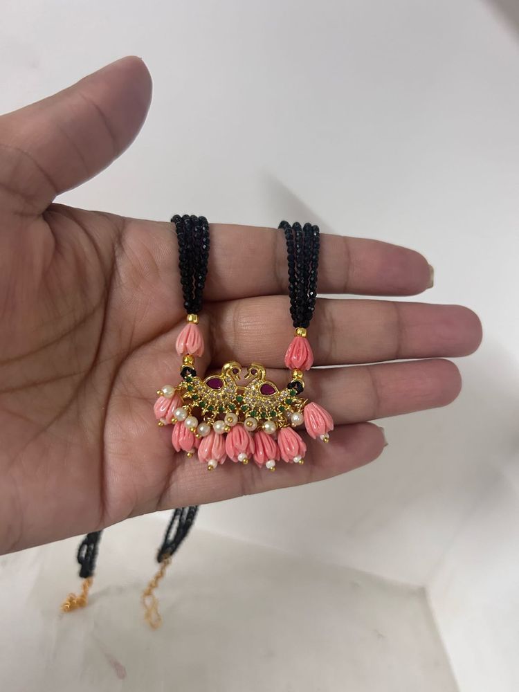 Black Bead &amp; Pink Stone Necklace