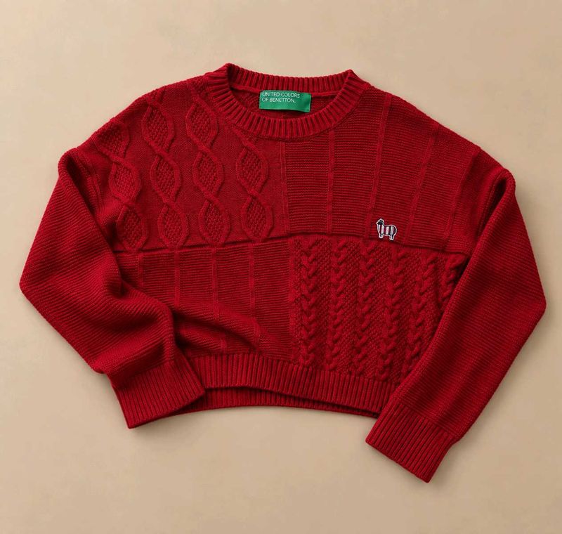 RED PATCHWORK CABLE KNIT SWEATER