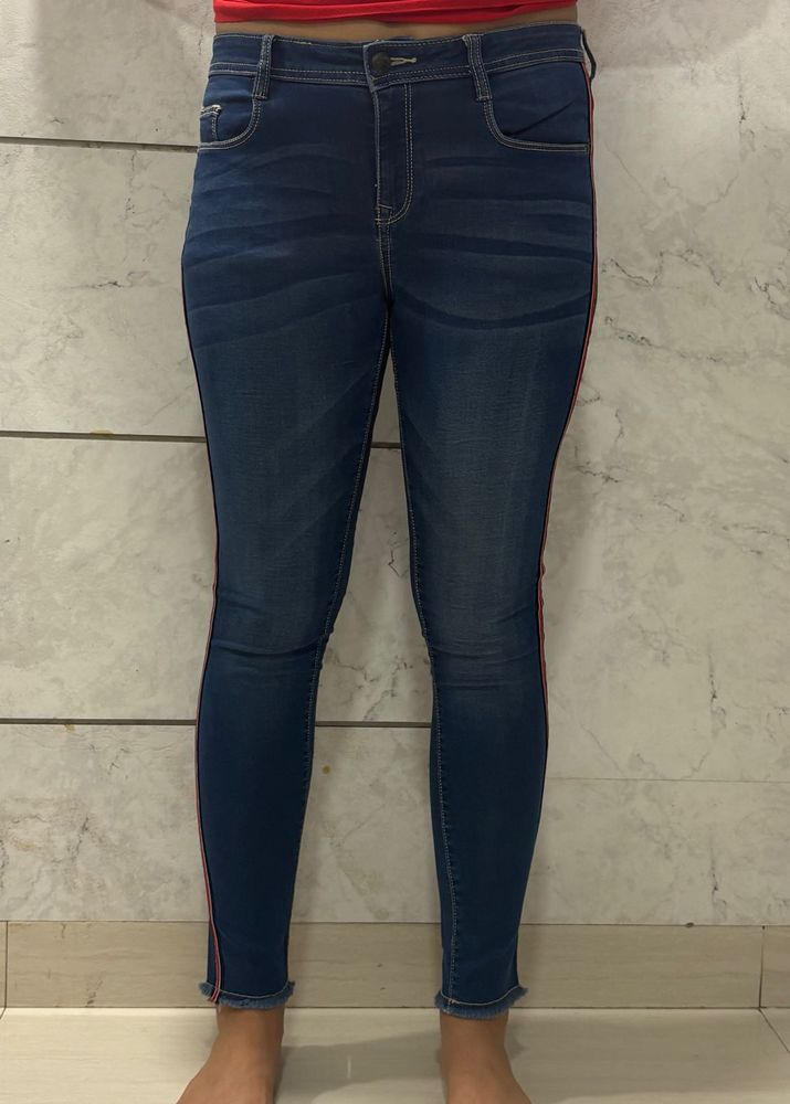 Stylish Blue Skinny Jeans with Side Stripe