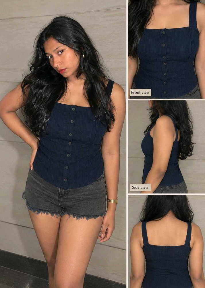 Stylish Navy Blue Ribbed Square Neck Top