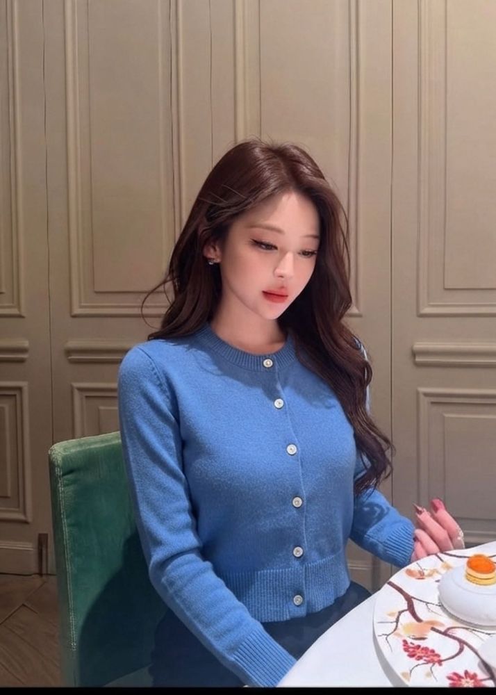 Imported Korean crew-neck blue cardigan