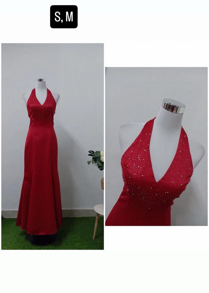 Elegant Red Beaded Halter Neck Dress
