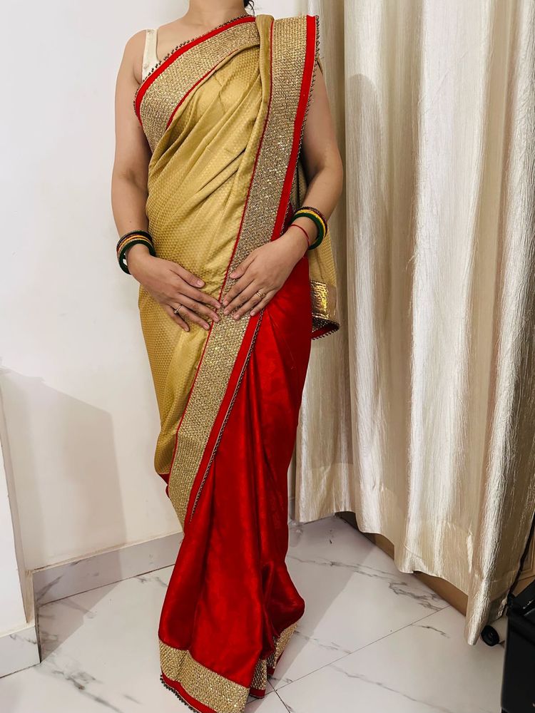 Elegant Gold &amp; Red Festive Saree