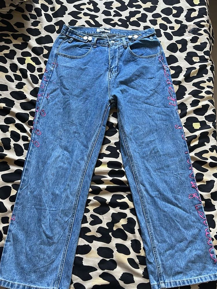 Stylish Blue Jeans with Pink Embroidery