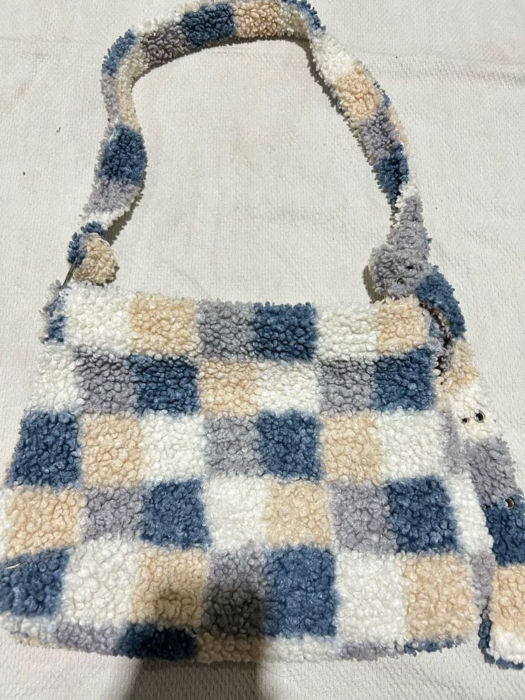 Fuzzy Checkerboard Shoulder Bag